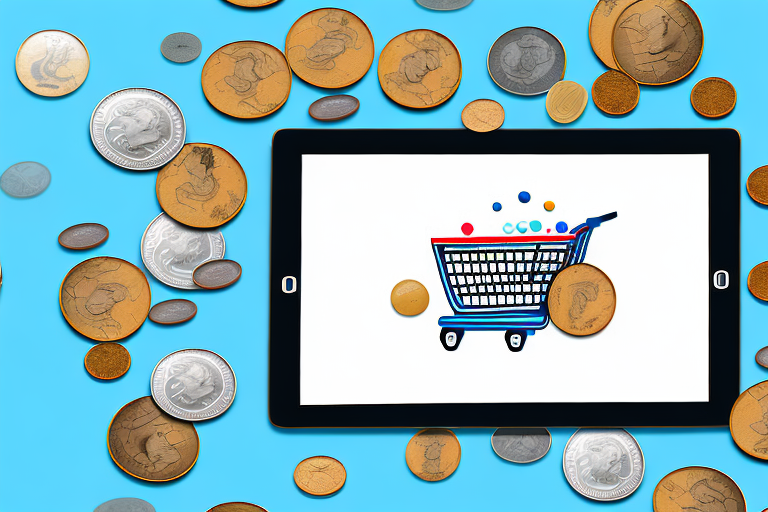 Tablet computer showing shopping trolley surrounded by coins