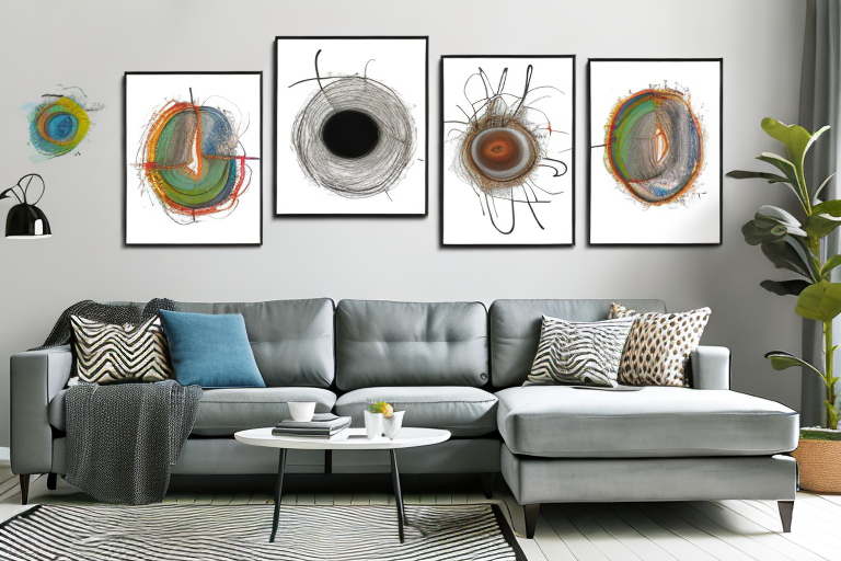 A stylish living room with four abstract pictures in frames on the wall